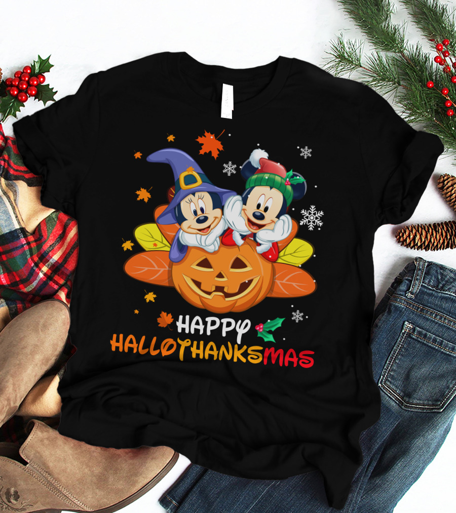 Happy Hallothanksmas Mickey Minnie Jack-O'-Lantern Holly Snowflakes Leaves T-Shirt