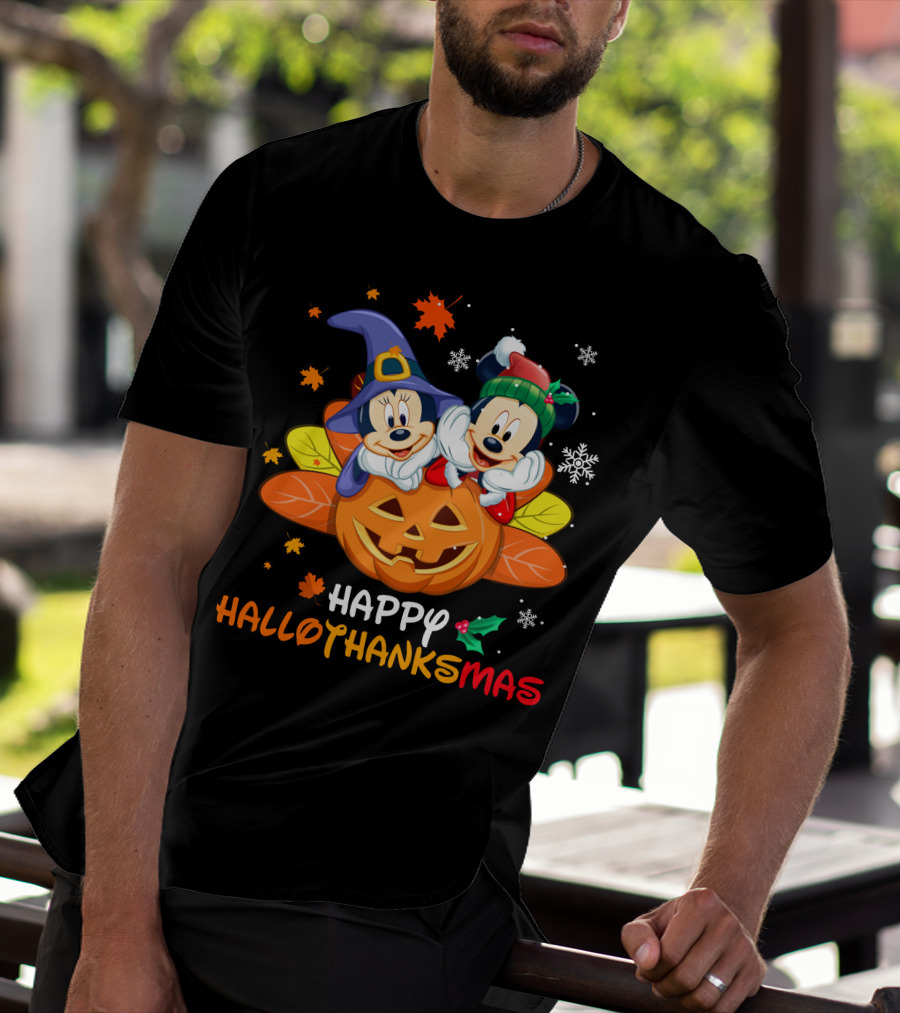 Happy Hallothanksmas Mickey Minnie Jack-O'-Lantern Holly Snowflakes Leaves T-Shirt