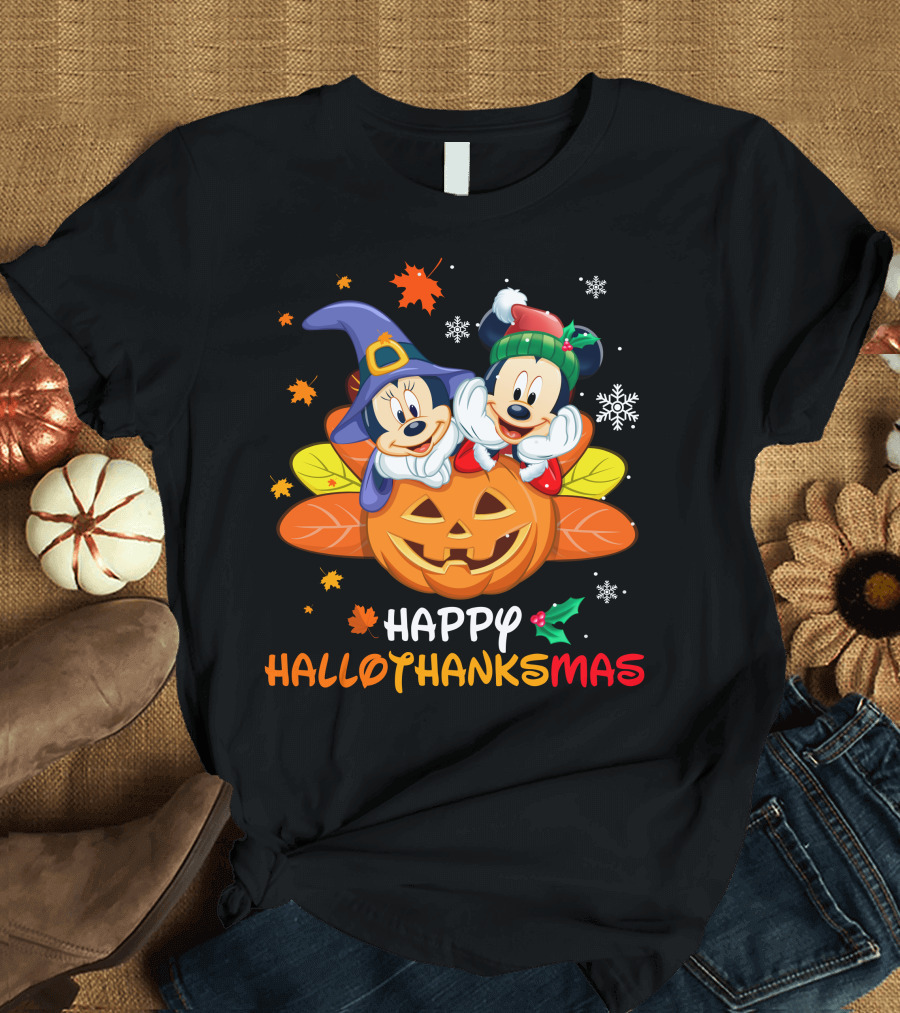 Happy Hallothanksmas Mickey Minnie Jack-O'-Lantern Holly Snowflakes Leaves T-Shirt