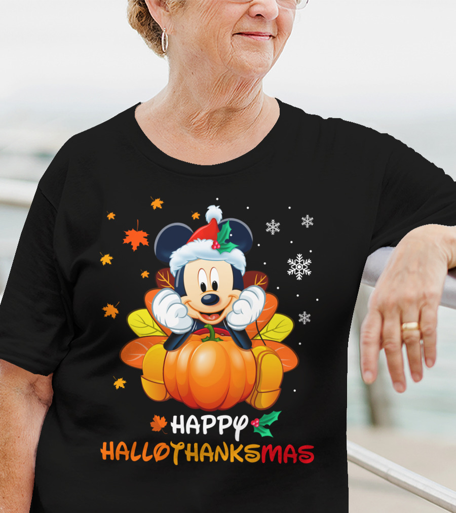 Happy Hallothanksmas 2 Mickey Mouse Pumpkin Santa Hat Fall Leaves Snowflakes T-Shirt