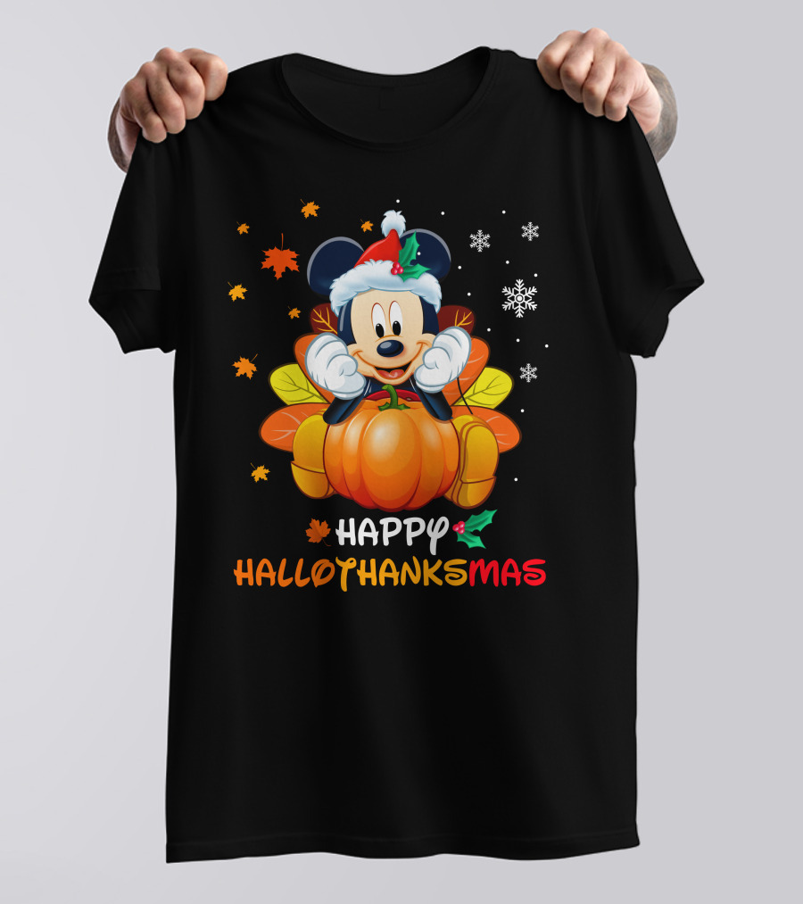 Happy Hallothanksmas 2 Mickey Mouse Pumpkin Santa Hat Fall Leaves Snowflakes T-Shirt