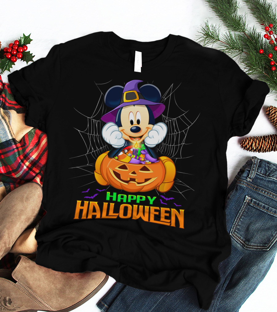Happy Halloween Mickey Pumpkin And Spider Web T-Shirt