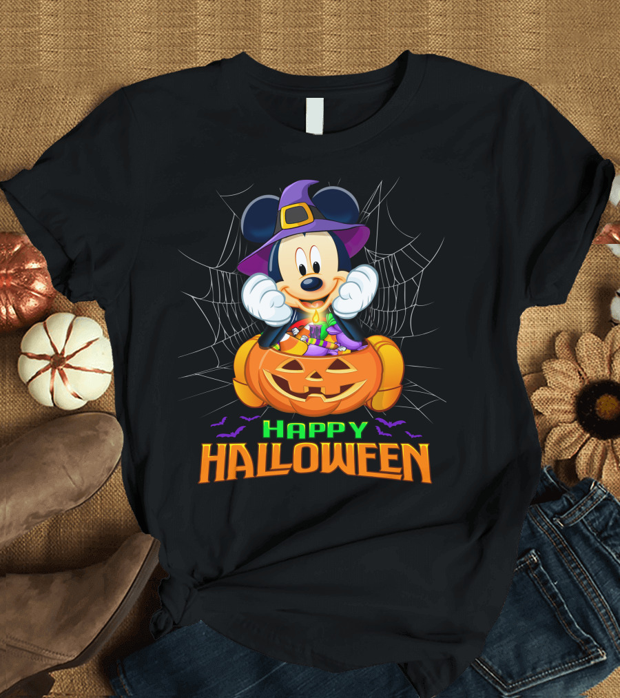 Happy Halloween Mickey Pumpkin And Spider Web T-Shirt