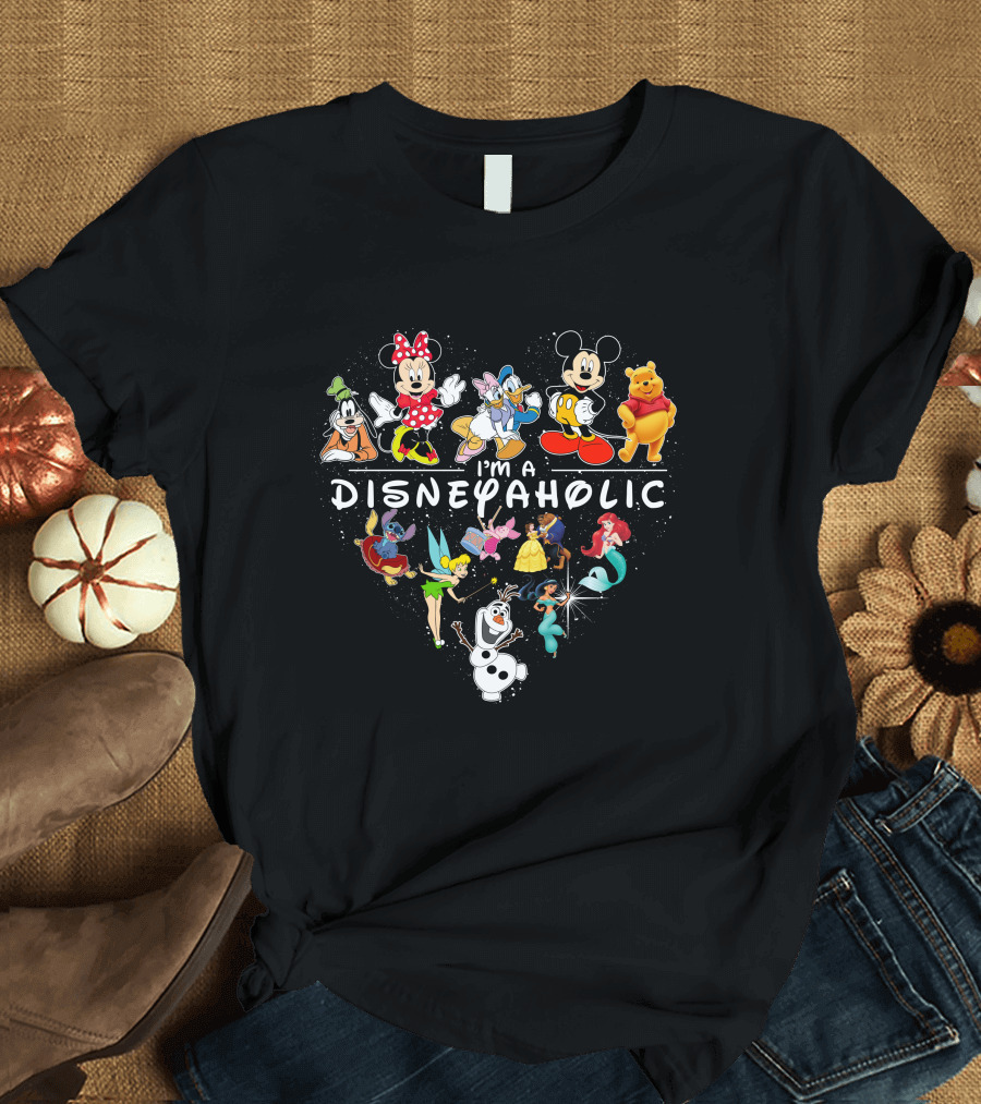 I'm A Disneyaholic Heart Featuring Mickey Mouse Minnie Goofy Donald Winnie The Pooh Tinker Bell Ariel Olaf T-Shirt