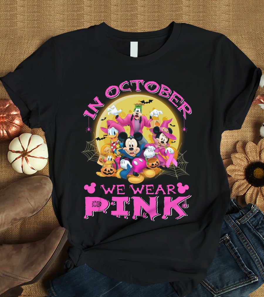 In October We Wear Pink Disney Halloween Characters T-Shirt
