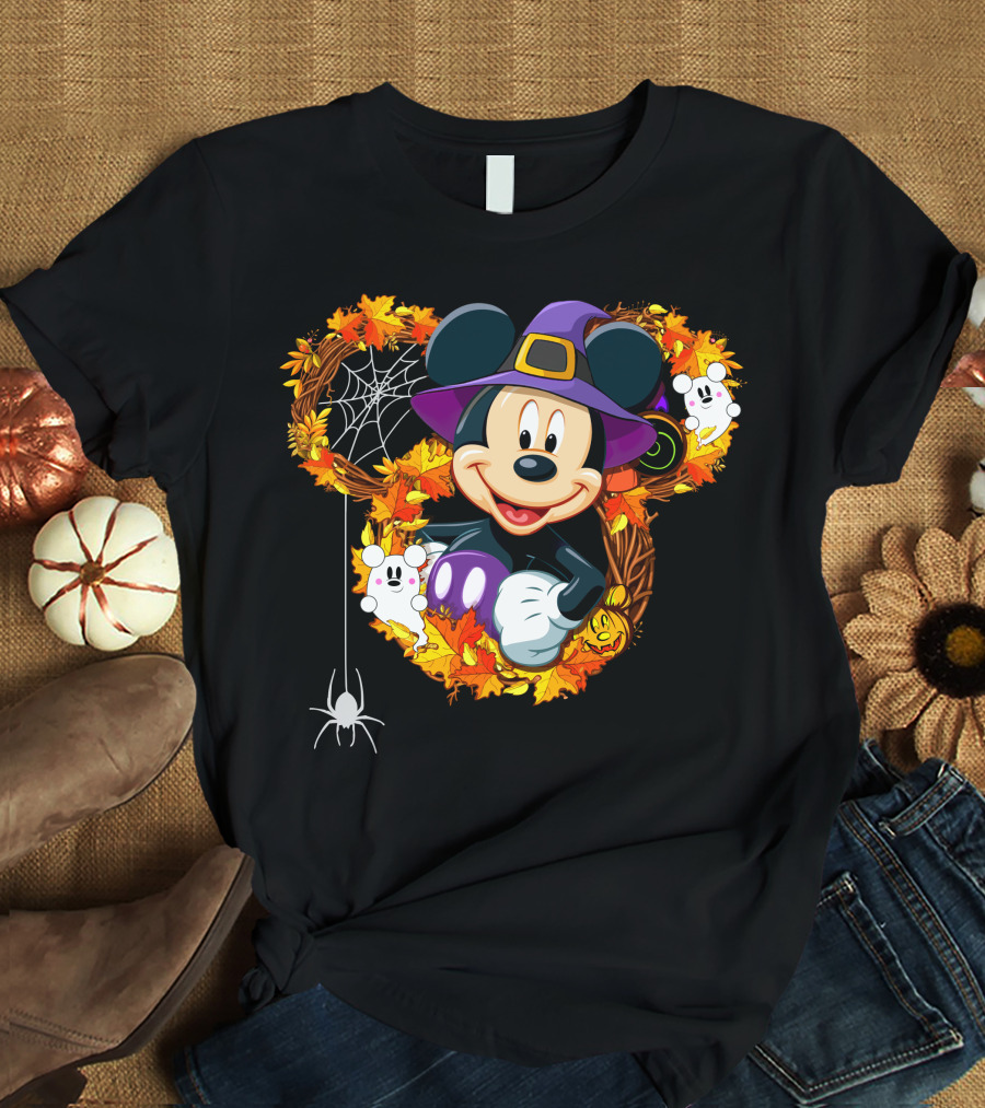 Mickey Halloween Wreath Witch Hat Spiderweb Ghosts Pumpkins Leaves T-Shirt