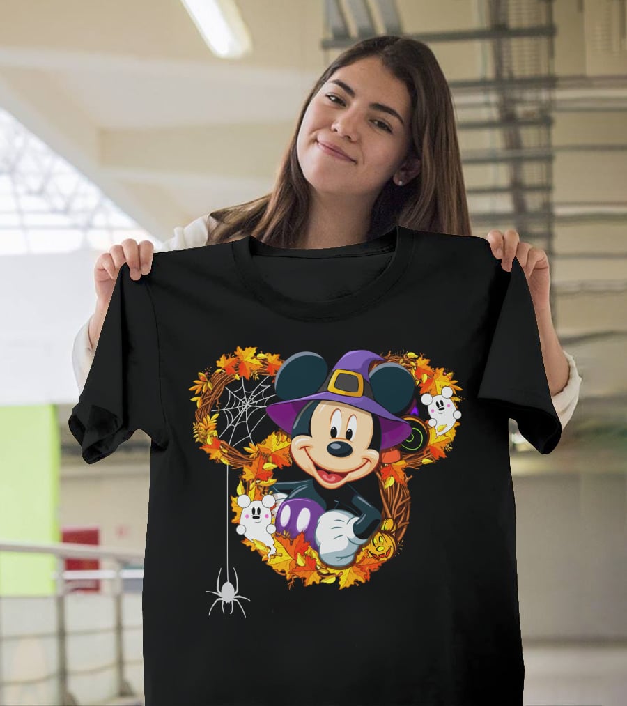 Mickey Halloween Wreath Witch Hat Spiderweb Ghosts Pumpkins Leaves T-Shirt