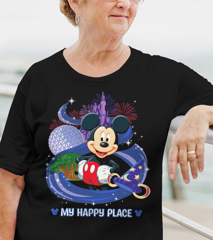 Mickey My Happy Place Disney Castle Fireworks Sorcerer's Hat T-Shirt