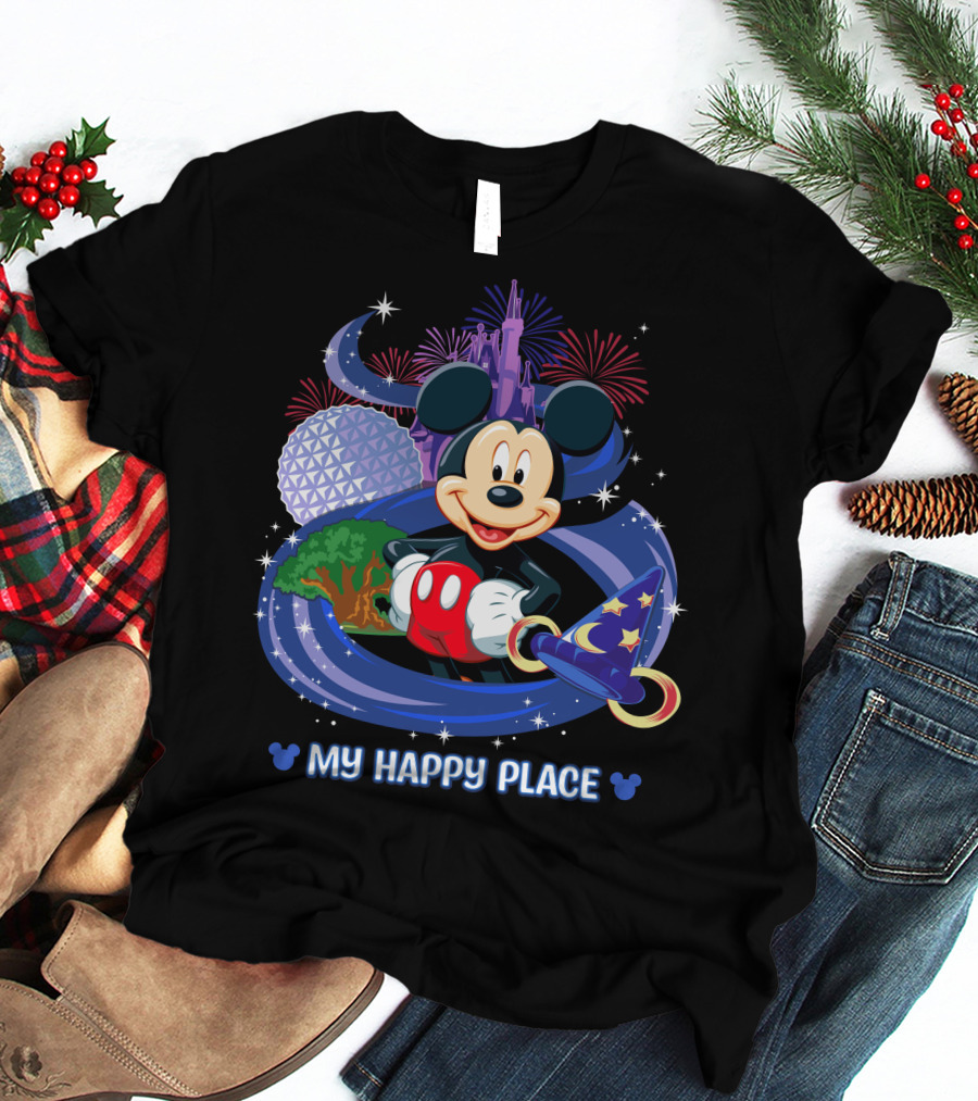 Mickey My Happy Place Disney Castle Fireworks Sorcerer's Hat T-Shirt