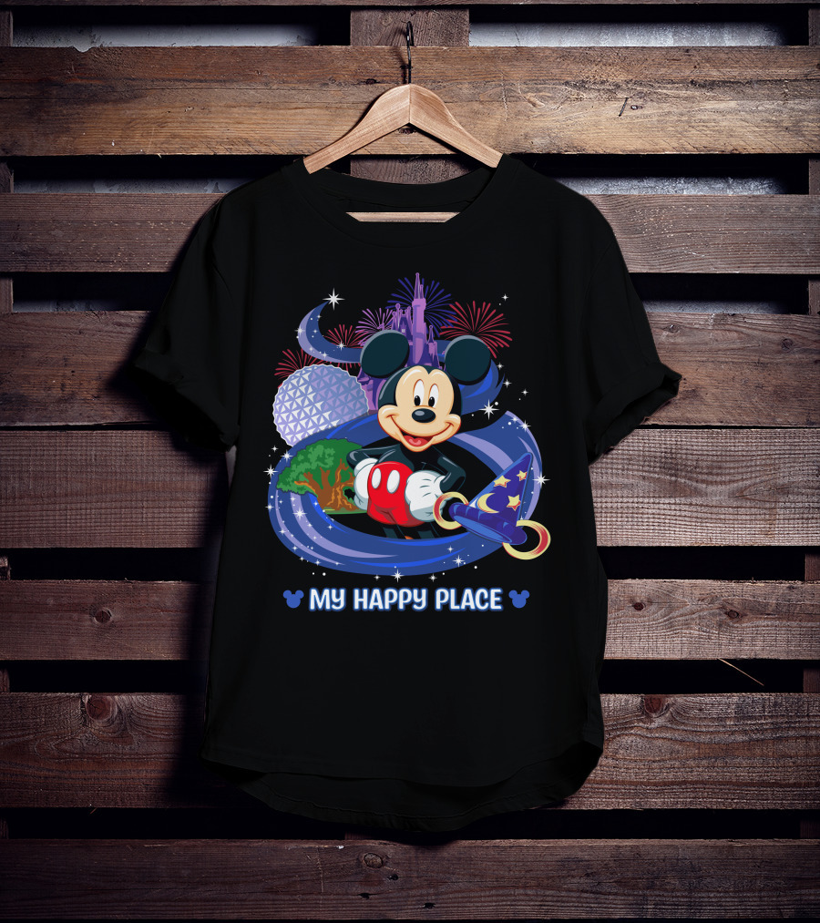 Mickey My Happy Place Disney Castle Fireworks Sorcerer's Hat T-Shirt