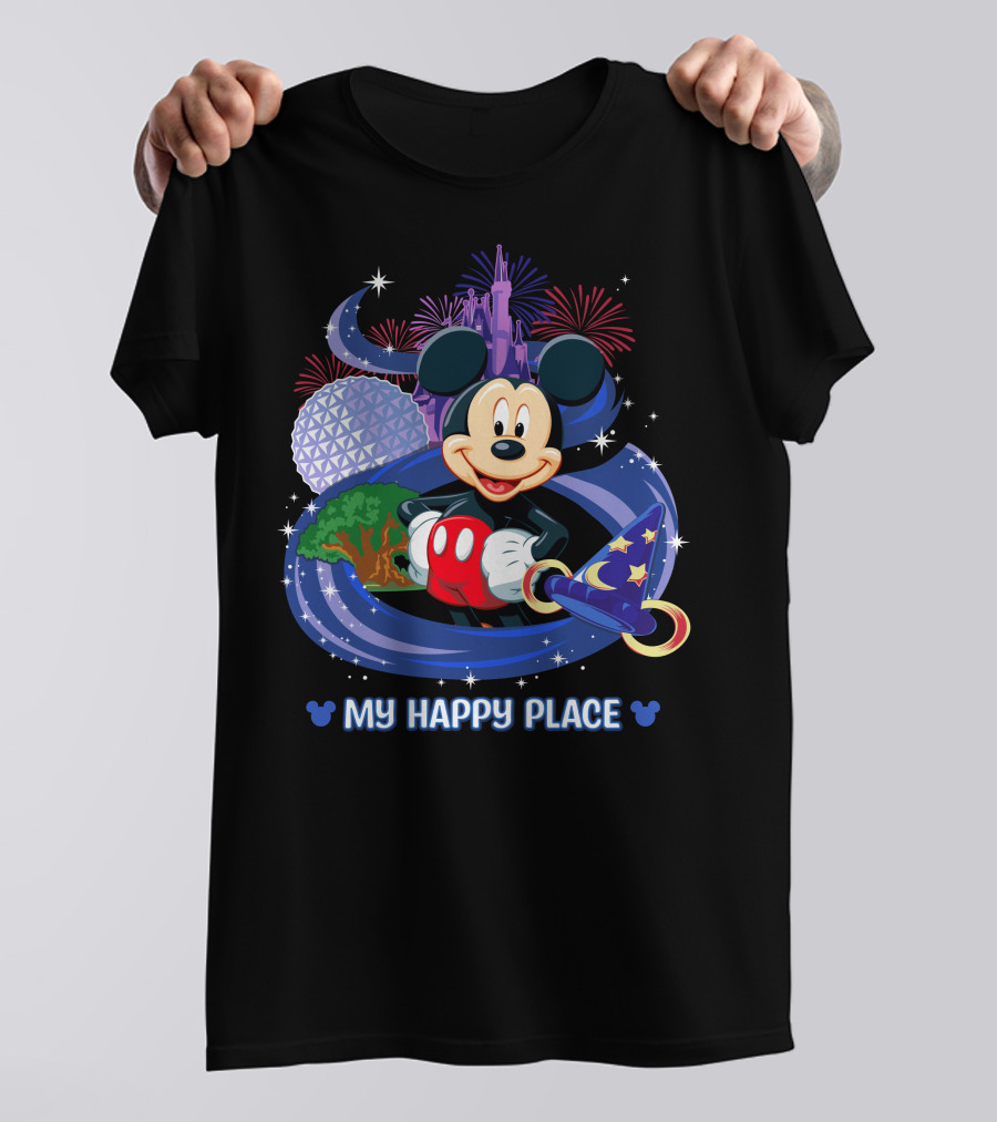 Mickey My Happy Place Disney Castle Fireworks Sorcerer's Hat T-Shirt