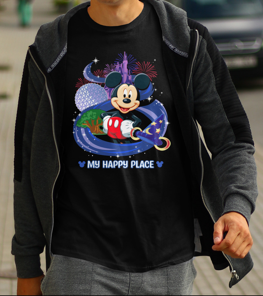 Mickey My Happy Place Disney Castle Fireworks Sorcerer's Hat T-Shirt
