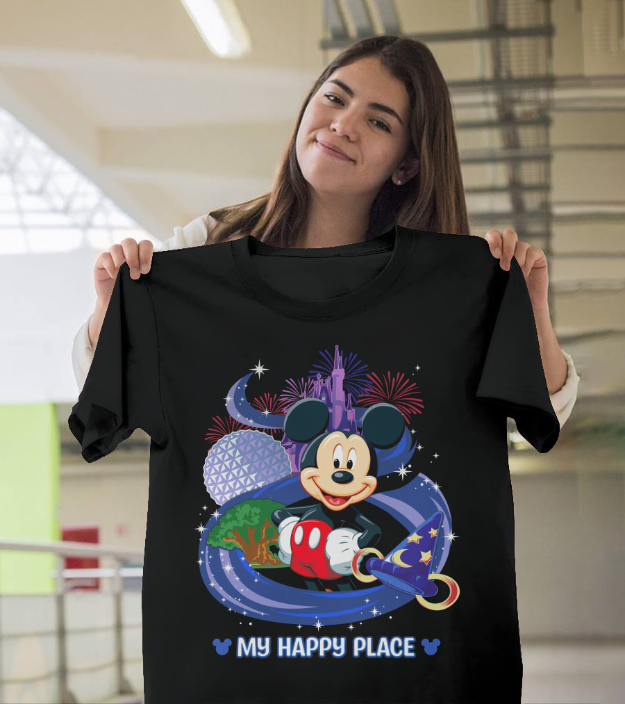 Mickey My Happy Place Disney Castle Fireworks Sorcerer's Hat T-Shirt