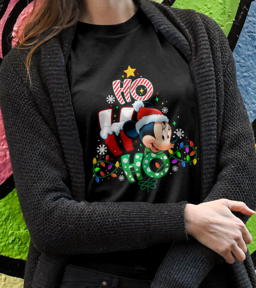 Minnie Hohoho Christmas Lights Snowflakes Star Santa Hat T-Shirt