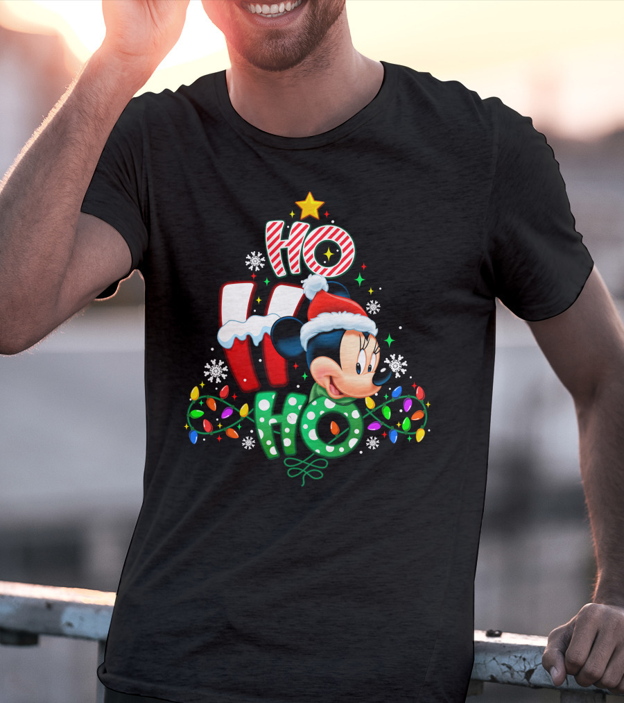 Minnie Hohoho Christmas Lights Snowflakes Star Santa Hat T-Shirt