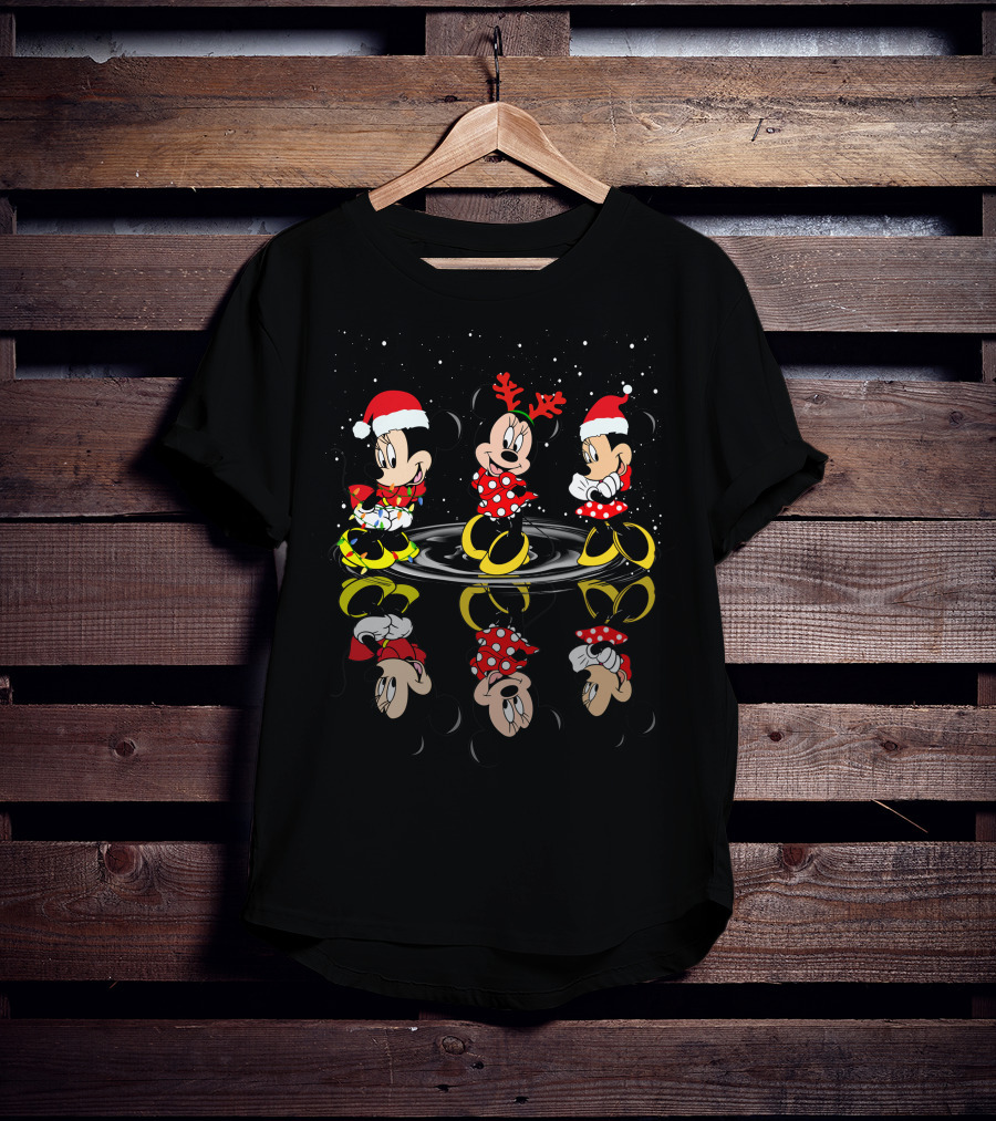 Minnie Mickey Christmas Reflections In Santa Hats And Holiday Outfits T-Shirt