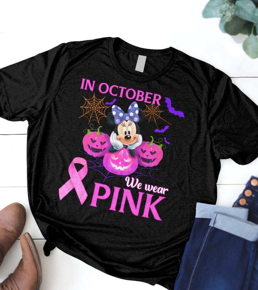 In October We Wear Pink Minnie Bow Pumpkins Ribbon Bats Halloween T-Shirt