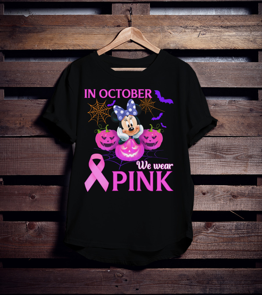 In October We Wear Pink Minnie Bow Pumpkins Ribbon Bats Halloween T-Shirt