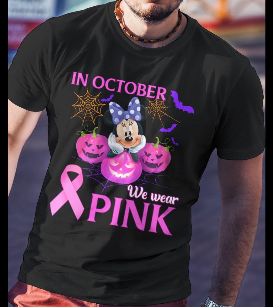 In October We Wear Pink Minnie Bow Pumpkins Ribbon Bats Halloween T-Shirt