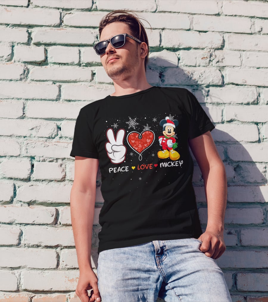 Peace Love Mickey Christmas Holiday Snowflakes Santa Hat T-Shirt