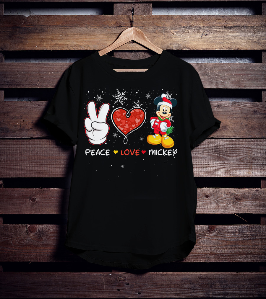 Peace Love Mickey Christmas Holiday Snowflakes Santa Hat T-Shirt