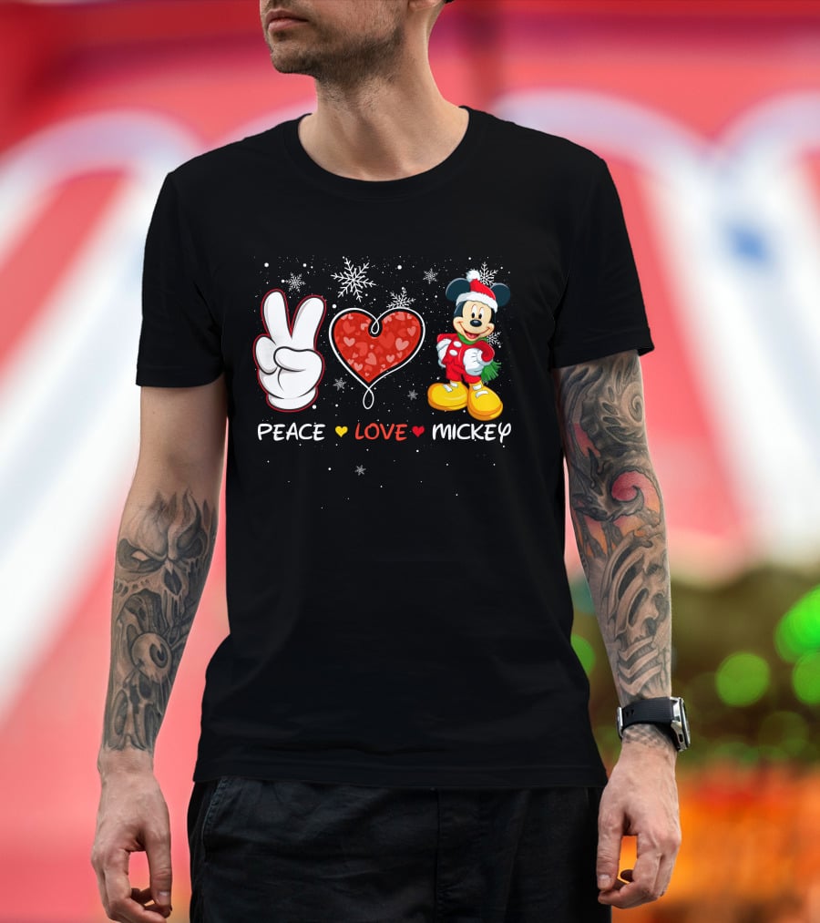 Peace Love Mickey Christmas Holiday Snowflakes Santa Hat T-Shirt