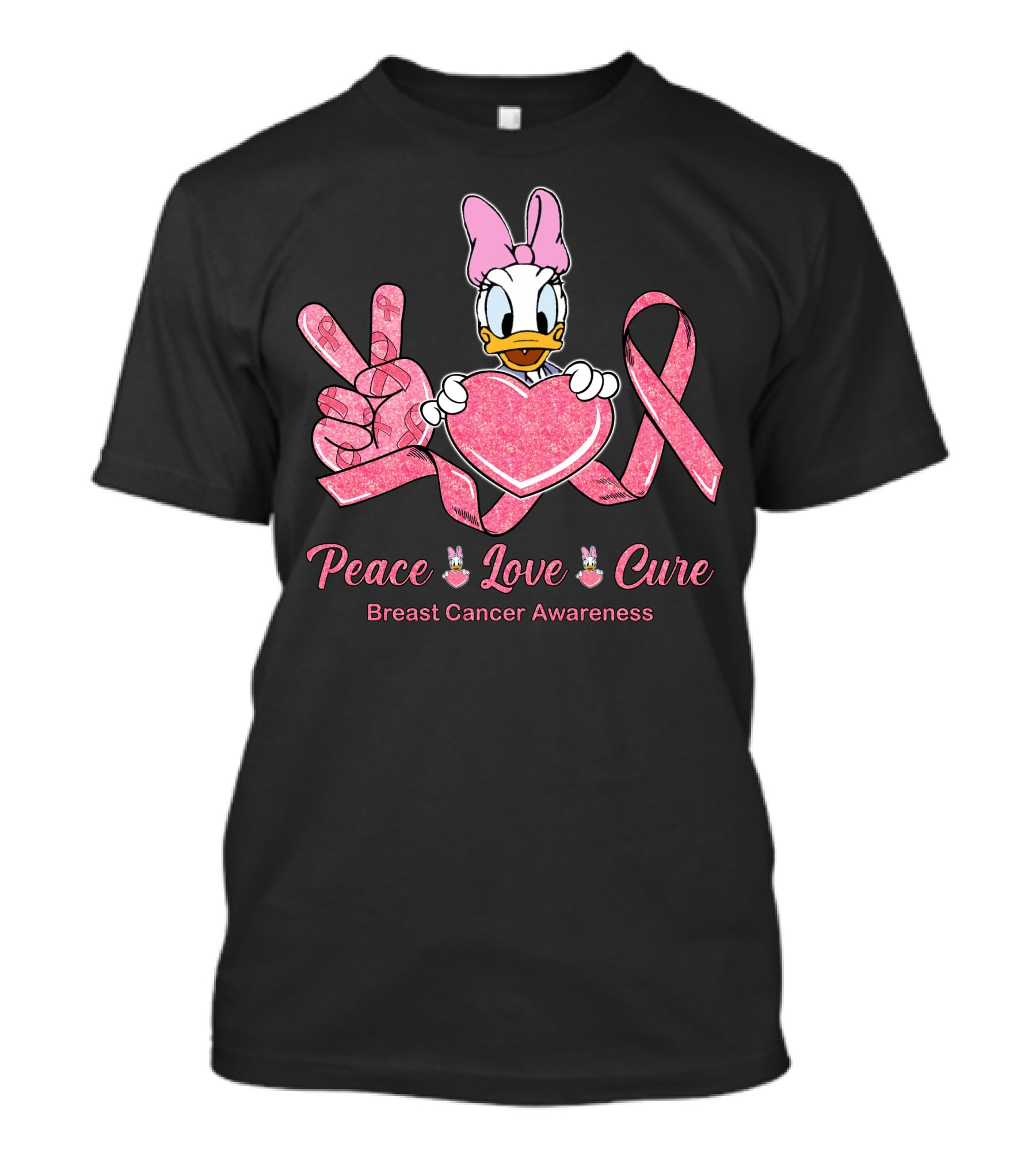 Peace Love Cure Breast Cancer Awareness Daisy Duck Pink Ribbon T-Shirt