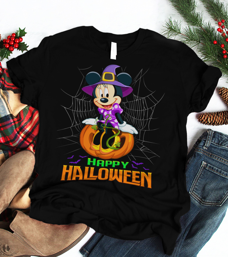 Minnie Happy Halloween Witch Costume Pumpkin Spiderweb T-Shirt