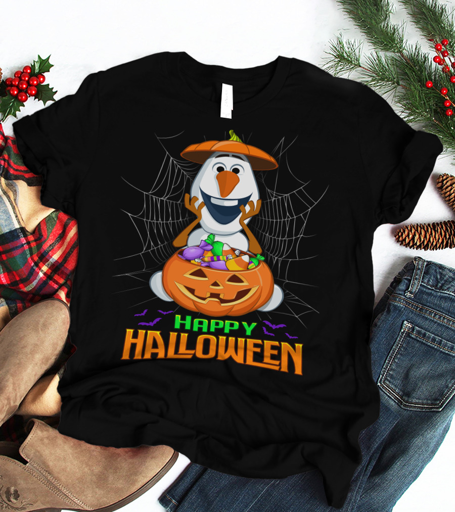 Olaf Happy Halloween With Pumpkin And Candy Basket T-Shirt