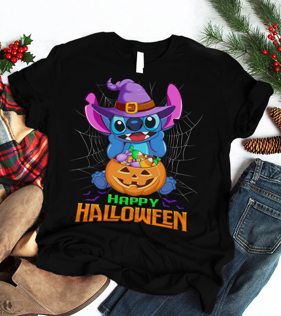 Happy Halloween Stitch Witch Costume Pumpkin Candy Basket T-Shirt