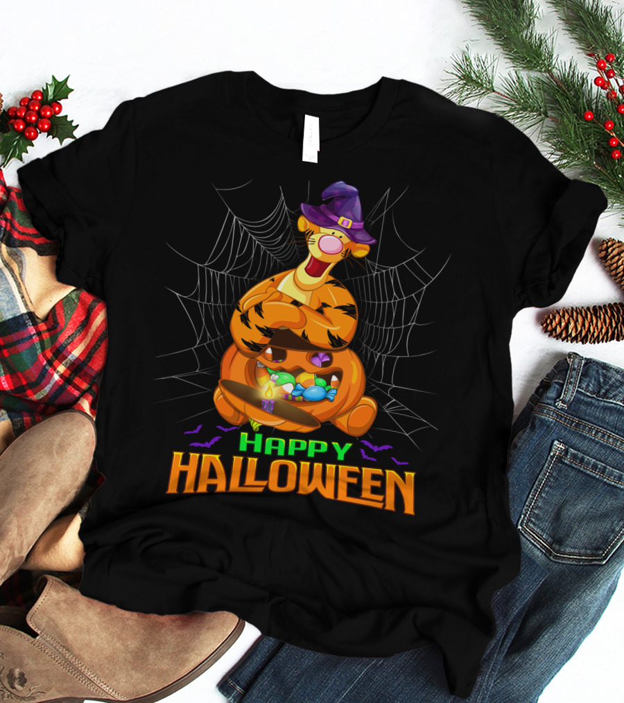 Happy Halloween Tigger Witch Pumpkin Candy Spiders T-Shirt
