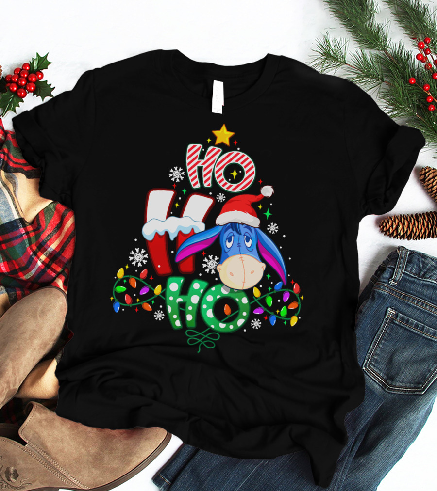 Ho Ho Ho Eeyore Christmas Lights Santa Hat Snowflakes T-Shirt