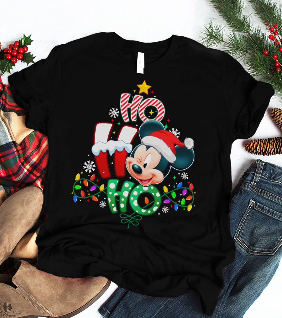 Mickey Ho Ho Ho Christmas Lights Snowflakes Santa Hat T-Shirt