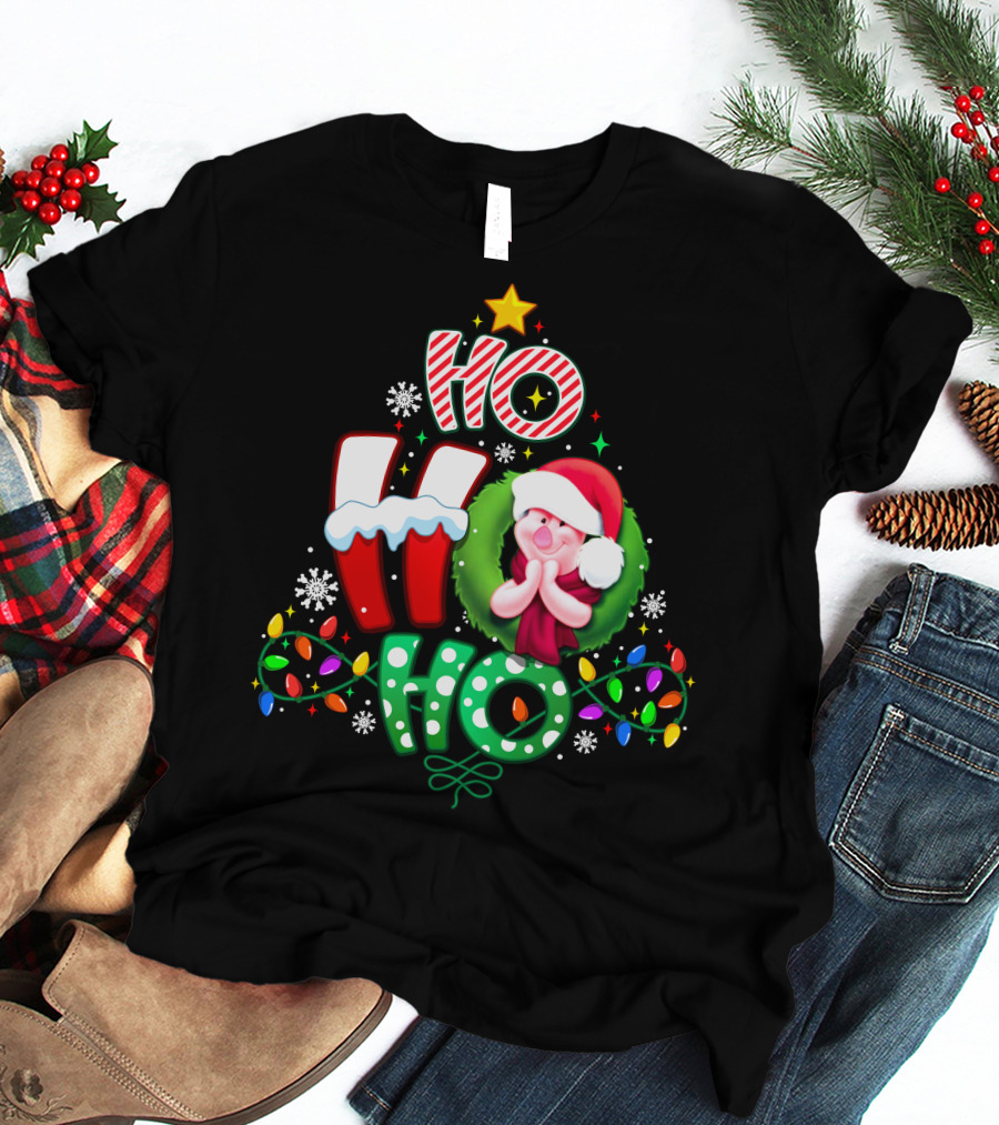 Ho Ho Ho Piglet Christmas Lights Snowflakes Santa Hat T-Shirt