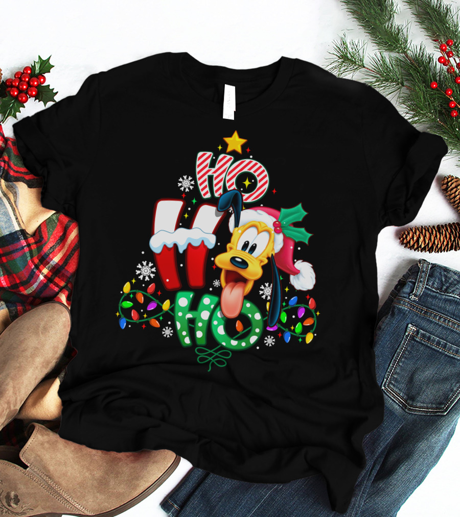 Ho Ho Ho Christmas Pluto Dog Lights Santa Hat T-Shirt