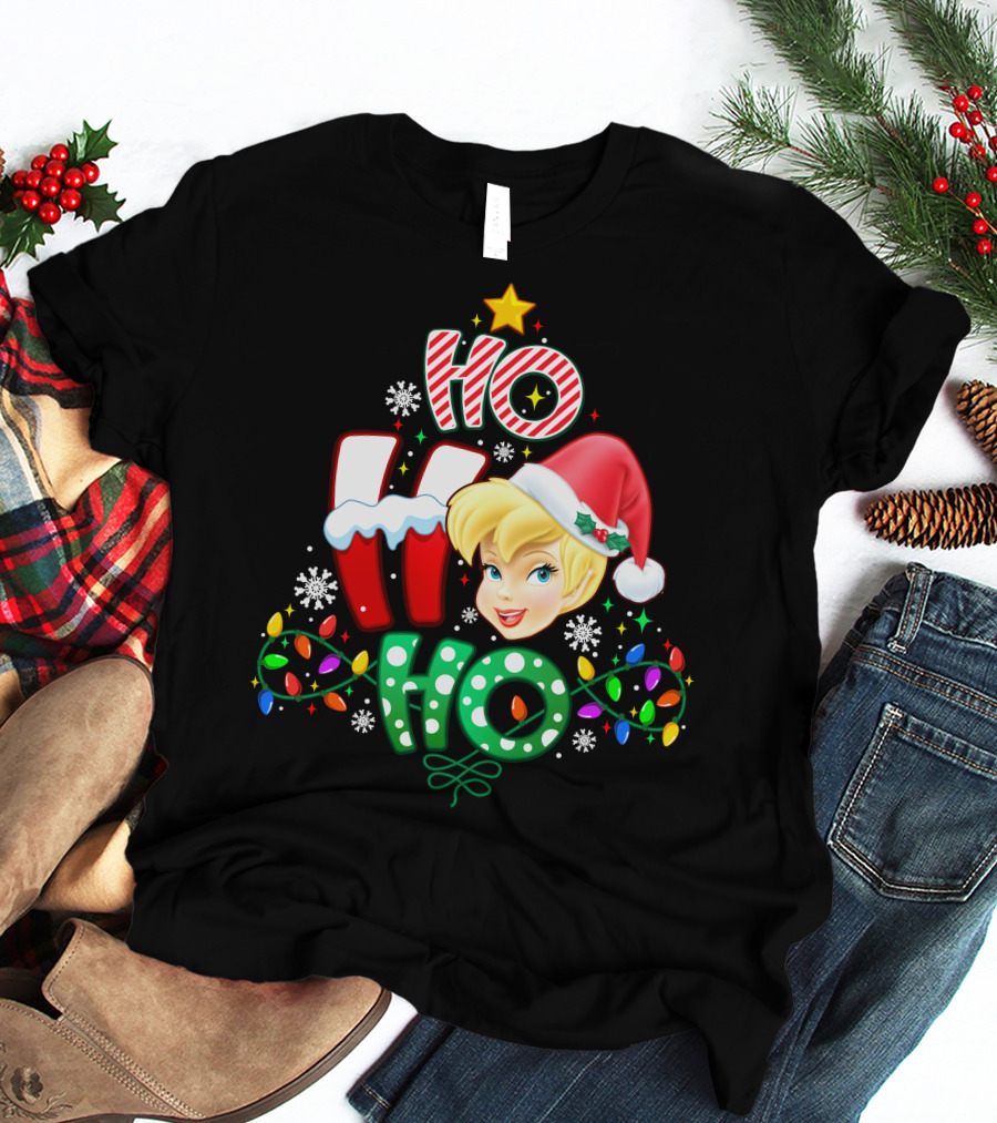 Ho Ho Ho Tinker Bell Christmas Lights Snowflakes Santa Hat T-Shirt