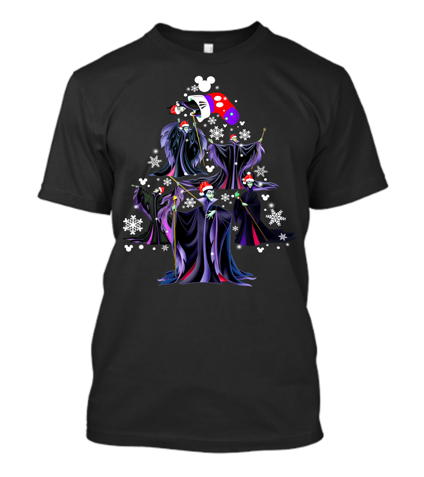 Maleficent Christmas Tree With Santa Hat And Mickey Mouse Snowflakes T-Shirt