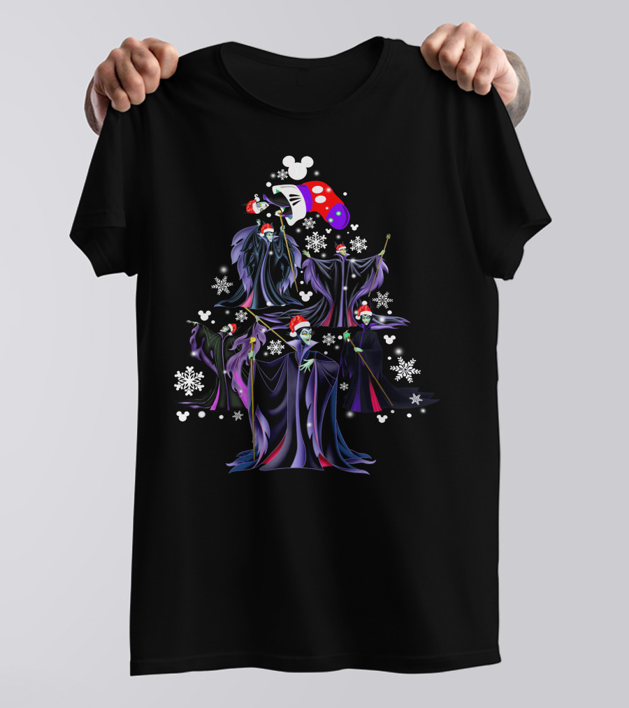 Maleficent Christmas Tree With Santa Hat And Mickey Mouse Snowflakes T-Shirt