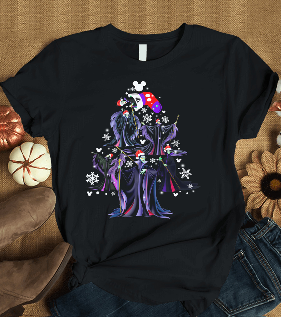 Maleficent Christmas Tree With Santa Hat And Mickey Mouse Snowflakes T-Shirt