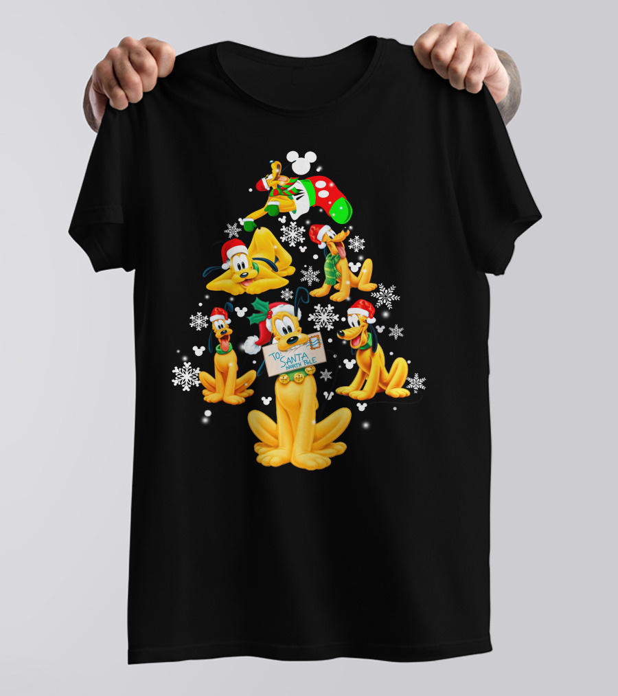 Pluto Christmas Tree Design With Santa Hat And Snowflakes T-Shirt