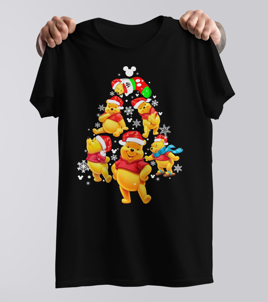Disney Winnie The Pooh Christmas Santa Hat Festive Holiday Snowflakes T-Shirt