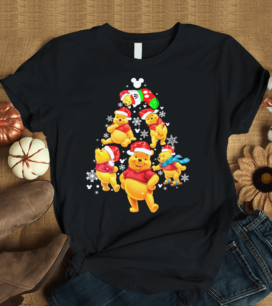 Disney Winnie The Pooh Christmas Santa Hat Festive Holiday Snowflakes T-Shirt