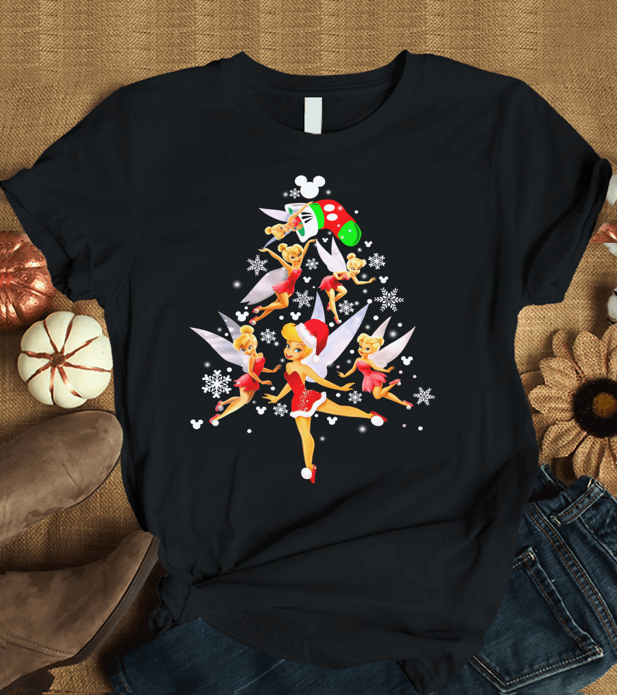 Tinker Bell Christmas Tree With Mickey Santa Hat And Snowflakes T-Shirt