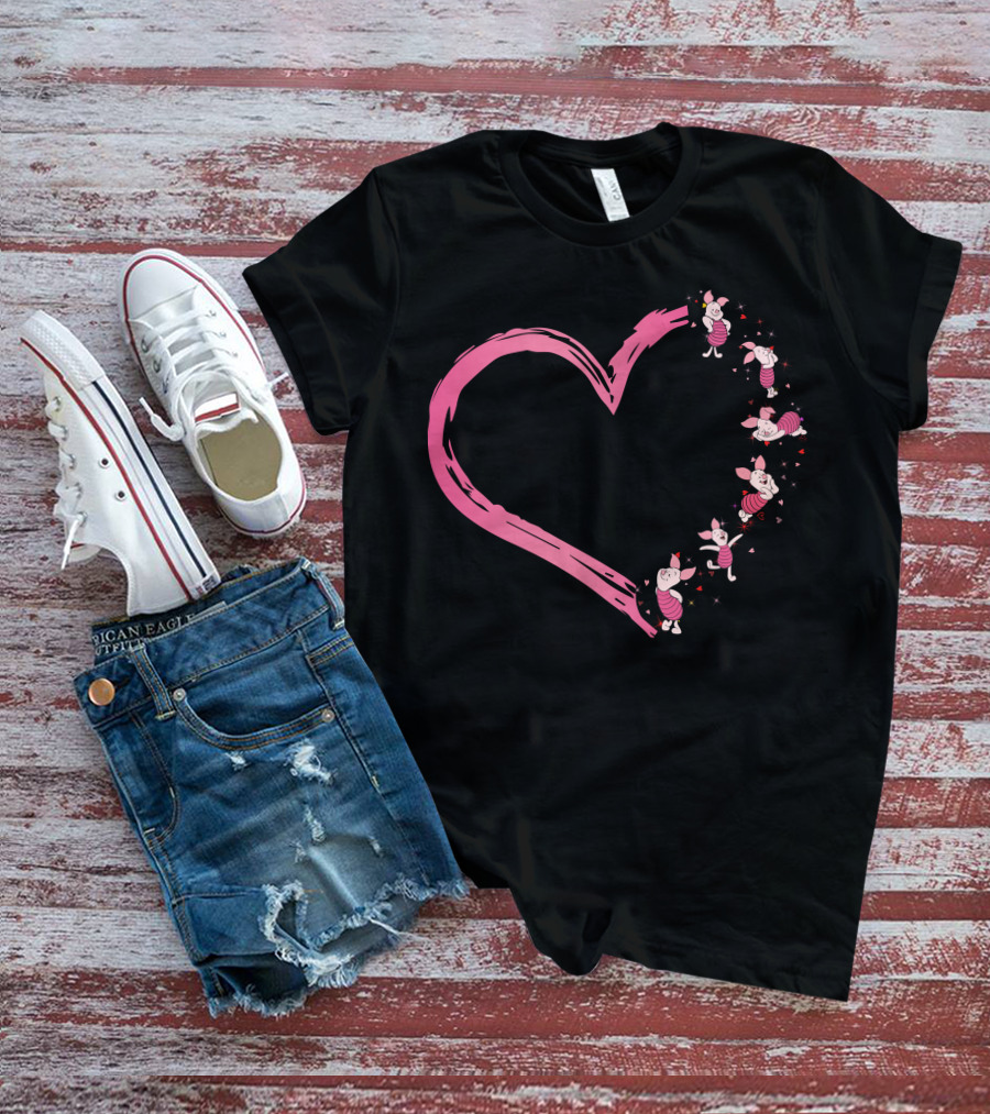 Piglet Heart Pattern With Pink Character Illustrations T-Shirt