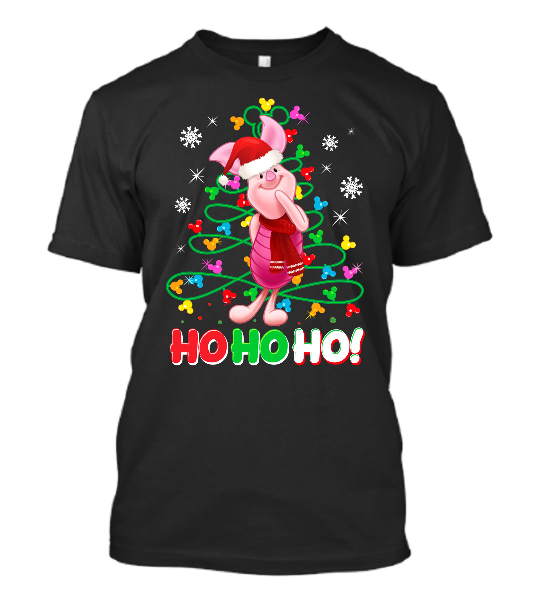 Piglet Christmas Ho Ho Ho Santa Hat Festive Holiday Snowflakes T-Shirt