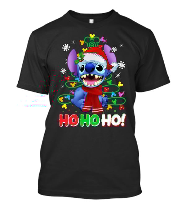 Stitch Christmas Ho Ho Ho Santa Hat Holiday Snowflakes Mickey Ears T-Shirt