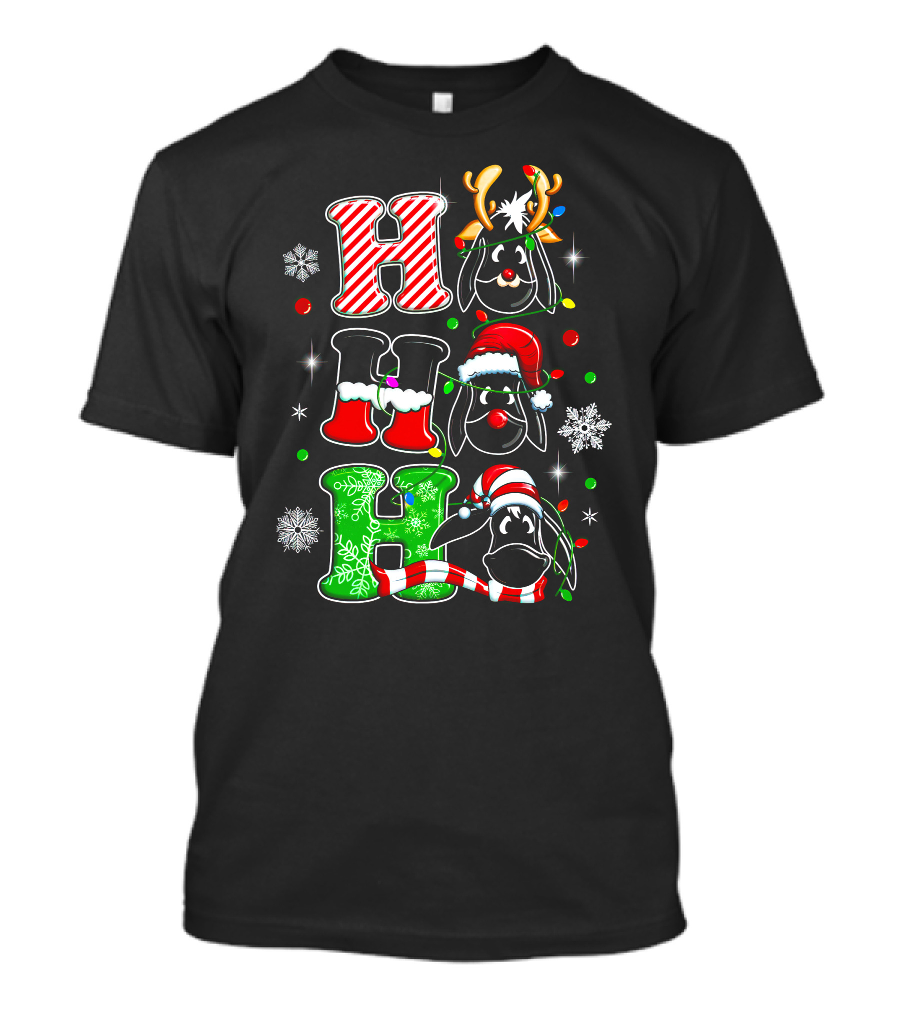Eeyore Head Ho Ho Ho Christmas Reindeer Santa Hat Snowflakes T-Shirt