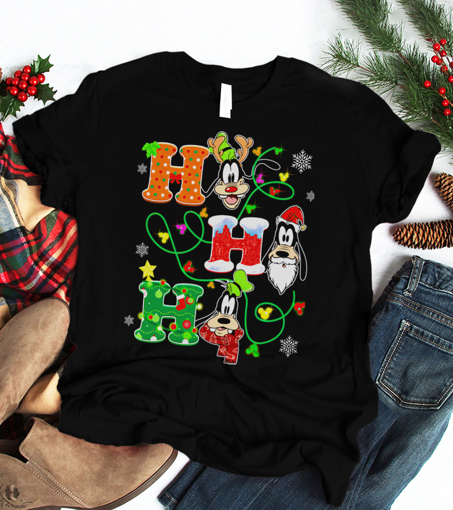 Goofy Christmas Holiday Hhh With Santa Hat And Snowflakes T-Shirt