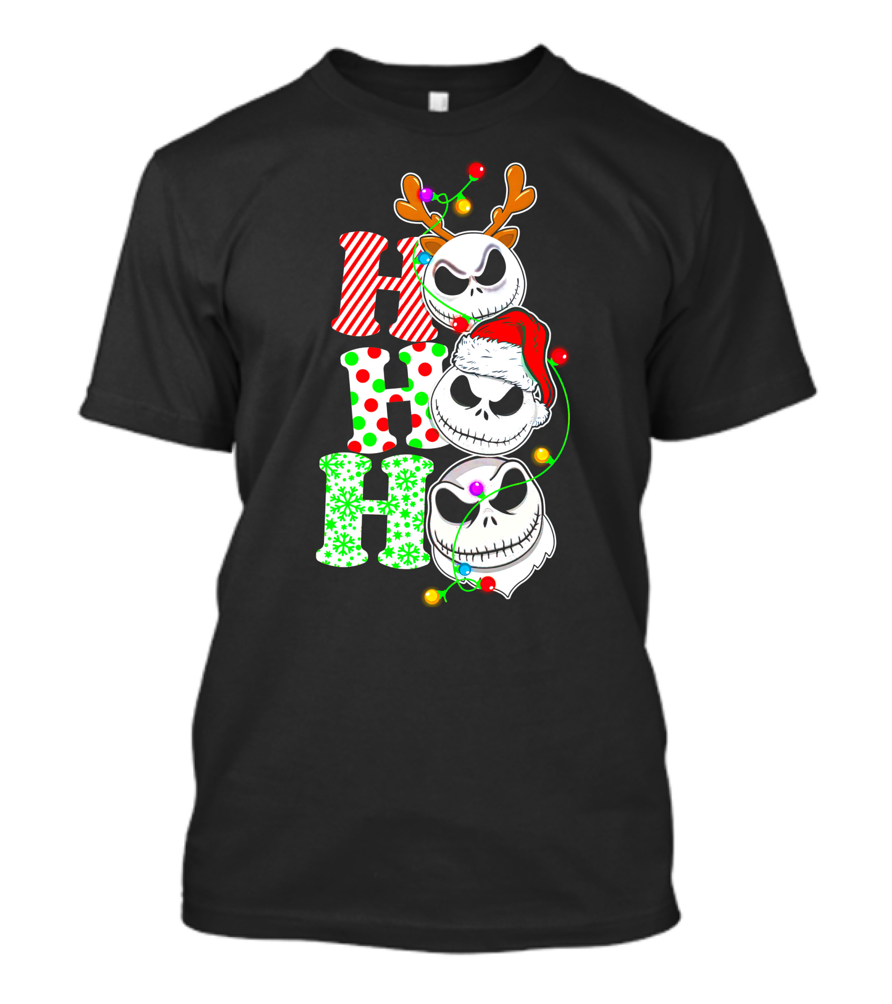 Ho Ho Ho Jack Skellington Christmas Lights Reindeer Antlers Santa Hat T-Shirt
