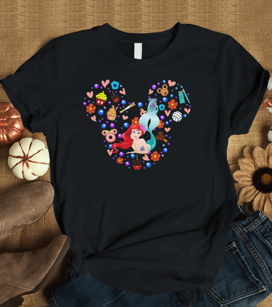 Ariel Little Mermaid Disney Happy Snacks Hearts Flowers Icons T-Shirt